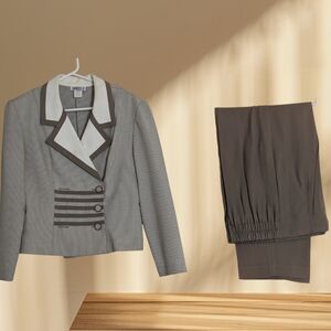 Vintage Taurus Womens Polyester Blend Two Piece Pants Suit 12P Brown White 70s